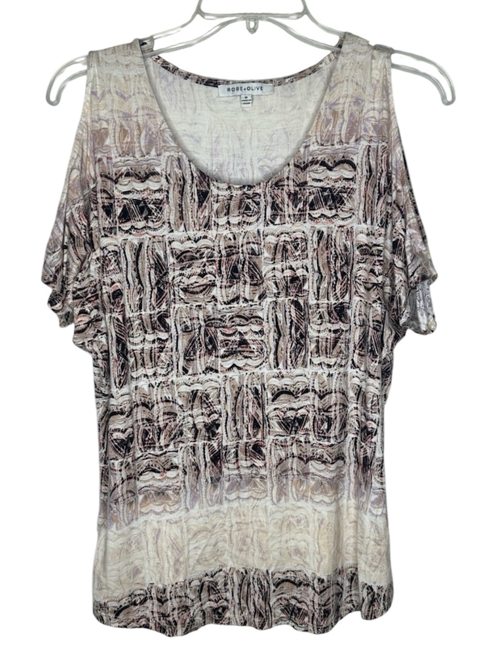 ❤️ 🆕 ROSE & OLIVE cold shoulder Short Sleeve Top - Cream/Brown medium